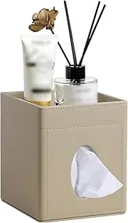 PU Leather Square Tissue Box Holder with Storage Tray for Bathroom Vanity Countertop Night Stands Bedroom Office Desk, Stylish Tissue Holder Decorative Organizer (Milk Tea Color, One Size)