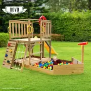 Wooden Boat Play Tower with Slide, Climbing Wall & Sandpit - 2.44m High
