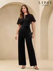 Lipsy Black Petite Chiffon Cape Sleeve Keyhole Jumpsuit (AL0367) | $87