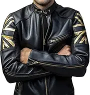 [LP-FACON] Mens Cafe Racer Union Jack UK Flag Vintage Motorcycle Biker Black Leather Jacket