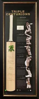 BRADMAN SIMPSON COWPER TAYLOR HAYDEN CLARKE Signed Bat Triple Centurions FRAMED
