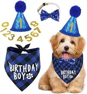 Dog Birthday Party Supplies, Birthday Dog Bandana, Dog Birthday Hat with Numbers (Blue, One Size)