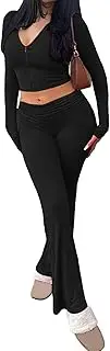 [Quzzion] Womens 2 Piece Outfits Zip Up Hooded Long Sleeve Crop Tops High Waist Flare Pants Workout Set Sexy V Neck Sweatsuits