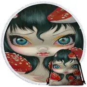 Poisonous Beauties Fly Agaric Girl and Mushrooms Round Beach Towel