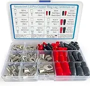FullFun 120PCS Tinned Battery Cable Ends, 6~25mm² Copper Ring Terminals Connectors, Wire Lugs Assortment Kit and Heat Shrink Tubing