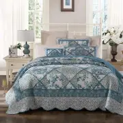 Patchwork Bed Quilt Blue Bouquet Queen Size Coverlet 230x230cm
