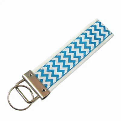 Turquoise Chevron Key Chain, Turquoise Key Fob, Fabric Keychain White Background