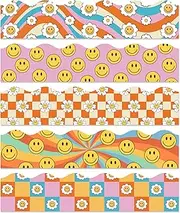 JarThenaAMCS 69Ft Retro Groovy Bulletin Board Borders Funny Face Flower Checkered Adhesive Trim Border for Classroom Office Decoration
