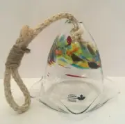 Hand Blown Art Glass Bell Ornament Clear Multicolor Swirls Ruffled Edge Rope