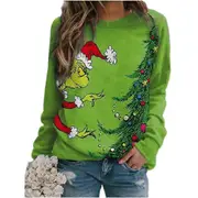 Women The Grinch Printed Sweatshirt Crew Neck Christmas Casual Loose Pullover Jumper Tops Green 2XL