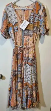 Orientique Venice Patchwork Print Pullon Dress Brand New Tags Earthy Boho