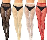 [Jiuguva] 4 Pack Women Lace Tights Patterned Tights Fishnet Stockings Floral Pantyhose Stockings Rose Flower