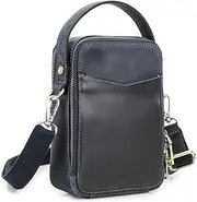 [FAOONNMY] Men's Genuine Leather Shoulder Crossbody Bag for 6.7 inch Phone, Small Casual Zipper Clutch Bag with Detachable Strap, Vintage Large Capacity Phone Carrying Pouch for Business Travel Blue