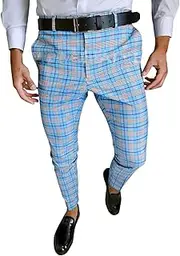 [Generic] Men's Casual Plaid Print Pencil Pants Zipper Elastic Waist Pants Trousers with