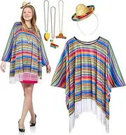 Cinco De Mayo Party Costumes Fiesta Serape Poncho, Fiesta Fabric and Straw Sombrero Headbands Hat, 3 Mexican Necklaces Bead for Adults Men Women, Mexican Birthday Party Supplies Favors Decorations