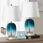 Table Lamp Set of 2 Touch Control, Modern Coastal Teal Glass Bedside Lamp with 2