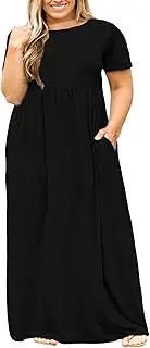 [Nemidor] Women Short Sleeve Loose Plain Casual Plus Size Long Maxi Dress with Pockets(Black,28)