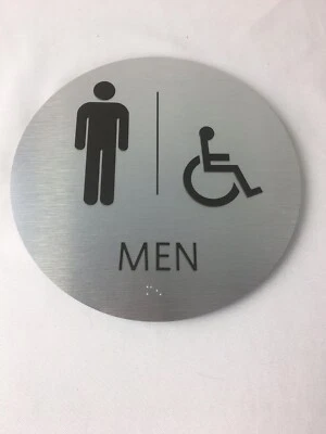 Men Restroom Sign - Aluminum, Brushed Silver 8 Inches Diam ADA Braille - NEW