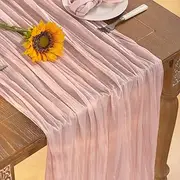 DeZerlor Pink Cheesecloth Table Runner Summer Sheer Light Pink Cheese Cloth Table Runner Boho Gauze 120 Inches Summer Table Decorations for Wedding Bridal Girl Baby Shower Sweet 16 Party Decor