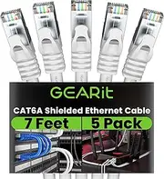 Cat6A Ethernet Cable (7 ft, 5-Pack, White) 10Gbps Snagless Shielded SSTP, SFTP Shielded Ethernet Cable, 26AWG 4 Pair Solid Bare Copper Cat6 Cable, Cat 6 Shielded Network Cable - 7 feet