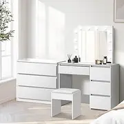 Oikiture Dressing Table Set with LED Mirror – Modern White Makeup Desk with Stool and Ultimate Storage Space