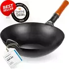 13.5” Carbon Steel Wok Pan Pre-Seasoned Flat Bottom Chinese Stir Fry Pan