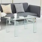 Tempered Glass Coffee Table 2-Layers Center Table Storage Shelf For Home Office