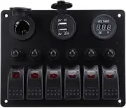 6 Gang Rocker Switch Panel, DC 12‑24V, Overload Protection Panel with Dual USB & Digital Voltmeter, for Boats Yachts Cars RVs SUVs (Red Light)