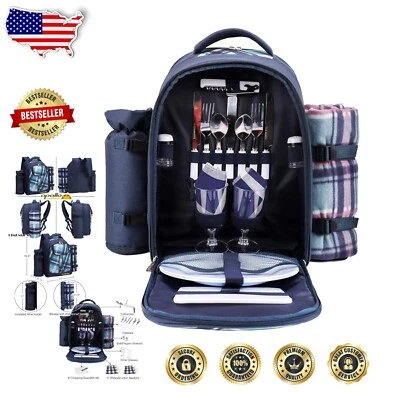 Lightweight Blue Picnic Backpack with Cooler Compartment & Complete Dining Set