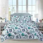 Beach Quilt Sets King Size Ocean Theme Bedspread Coastal Bedding Set Blue Seahorse Starfish Shell Quilts Lightweight Reversible Bed Coverlet Soft Summer Bed Cover with 2 Pillowshams