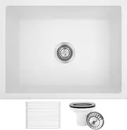 [MILOSEN] 59x45cm Kitchen Sink, White Sinks Granite Stone, Small Kitchen Sinks with Accessories, Rectangle Single Bowl Laundry Basin, Home Utility Kitchen Bar Sinks White