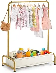 Atrastout Kids Clothing Rack -Kids Dress Up Clothes Rack -Small Baby Clothes Rack with Bottom Storage Shelf, Toddler Clothing Rack Organizer, Dance Costume Garment Rack for Girls Gifts（Bright Gold）