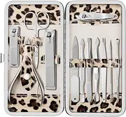 Manicure Kit, FAMILIFE 12pcs Nail Clippers Set Stainless Steel Multipurpose Kit Grooming Tools Kits with Leopard Print Case
