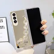 for Samsung Galaxy Z Fold 6 Mirror Case, LightNice Girls Women Luxury Makeup Mirror Phone Case with 3D Diamond Rhinestone Shiny Chain Protective Phone Cover - Gold