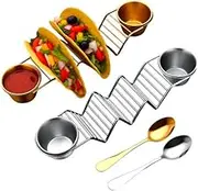Taco Holders Set of 2, Stainless Steel Stylish Taco Holder, Each Metal Taco Stands for 3 Tacos, with Double Sauce Cups and Spoon, Oven Safe for Baking, Dishwasher and Microwave Safety