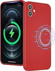[UEEBAI] Liquid Silicone Wireless Charging Phone Case for iPhone 12 6.1 inch, Built-in Magnets Compatible with MagSafing Faster Charging Slim Fit Soft Microfiber Cover - Red