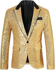 [HEYDHSDC] Mens Shiny Gold Sequin Party Blazer One Button Peak Lapel Suit Jacket Stage Party Prom Show Costume