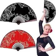 MZSX Pack of 2 Large Folding Silk Hand Fan, Chinese Vintage Handheld, 10 Inch Hinese Tai Chi Folding Fan, Dance Fan Birthday Gift Party Decoration, for Cosplay Props Wedding Party