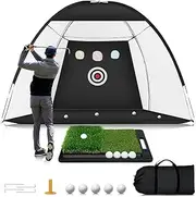 10 x 7ft Golf Practice Net With Heavy Base Dual-Turf Mat, All-in-One Multi-Target Hitting Net, Chipping Training Nets for Backyard Driving, Dad Grandpa Boy Golfer Birthday Gift