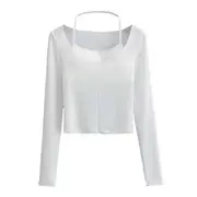 Set: Long-Sleeve Scoop Neck Plain Crop Slim Fit Tee + Halter Bra Top Set Of 2 - Halter Bra Top & T-Shirt - White - M