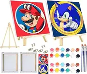 2 Pack Framed Paint by Numbers 8x8 inch,Cartoon Paint by Number for Kids Ages 8-12,with Wooden Easel Easy Acrylic Oil Painting Kits on Canvas,Arts and Crafts for Children Girls Boys Gifts(Mario Sonic)