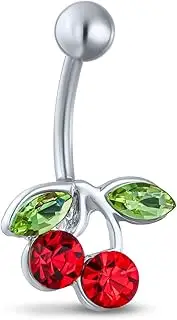 [Bling Jewelry] Red Crystal Double Cherry Branch Bar Navel Belly Ring For Women 316L Stainless Steel 14 Gauge