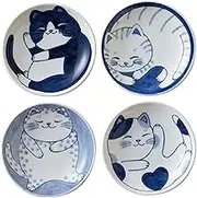 Japanese Small Plate Set, Ceramic, Cute Cats Design, Appetizer, Dessert, Sushi Sauce 3.94" x 0.8",Set of 4