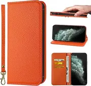 NanHou iPhone 11 Case Microfiber Leather RFID Blocking Wallet Magnetic Closure Kickstand Wrist Strap Card Holder Shockproof Flip Cover - Orange