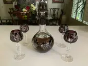 Decanter Bohemian Cut to Clear Amethyst Crystal & 4 Lausitzer Cordials