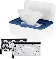 BLAZDEVE Baby Wipes Dispenser Case, Reusable Baby Wipe Holder Box with 2 Portable Wet Wipes Pouch, Refillable Wipes Pouch Case Container with Lid for Bathroom Baby Nursery Kitchen Office Travel (Blue)