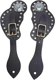 Leather Spur Straps, Horse Tack Gear for Rodeo, Adults Tooled Leather Spur Straps, Men and Women's Boots Equipment, Silver Studs Hardware and Buckle, Black