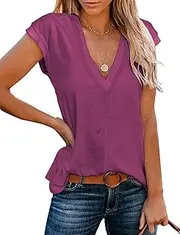 [iChunhua] Womens Summer Tops V Neck Cap Sleeve Vests Casual Plain Basic T-Shirt