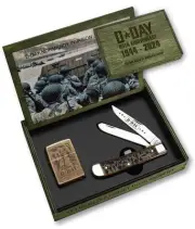 CASE XX KNIVES D-DAY 80TH ANNIV. ANTIQUE BONE TRAPPER W/ZIPPO LIGHTER 6254 SS (5