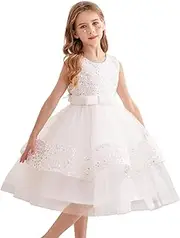 [KAQININI] Girls Sequin Tulle Dress Sleeveless Sequined Crew Neck Sparkly Pageant Formal Fancy Birthday Party Dresses